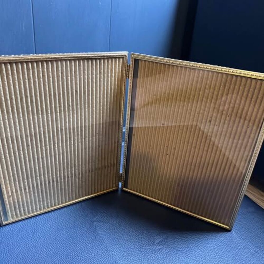 Vintage Gold Metal Double 8x10 Hinged Picture Frame, MCM Bifold Ornate Beaded